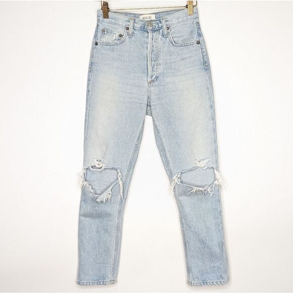 Agolde Denim - Agolde Riley Light Blue High Rise Distressed Straight Cropped Jeans